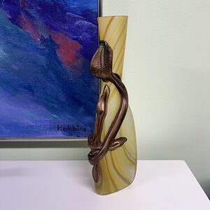 Filip Ravert Hand Blown Satin Art Glass Marbled Yellow Copper Leaf Vase 12” Tall